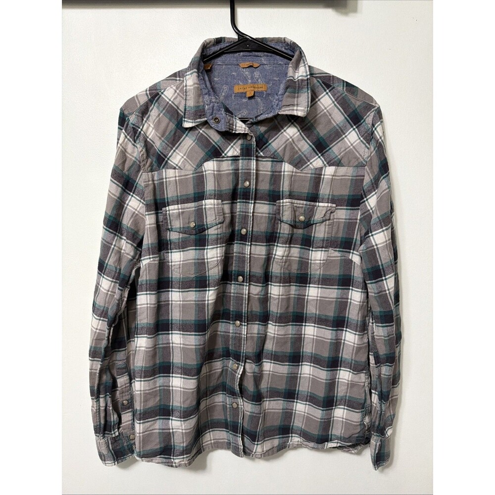 JACHS Girlfriend Western Shirt Womens Large Blue Flannel Cowgirl Pearl Snap